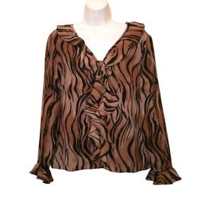 Animal Print Tan Black Long Sleeved Ruffle Blouse Top Sheer Lined Size 10-12